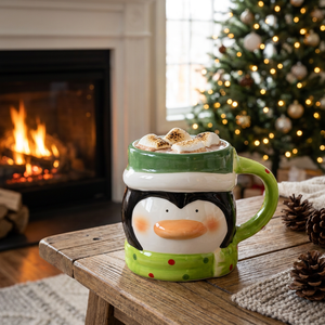 Taza de <span class=keywords><strong>Café</strong></span> de Cerámica con Pingüino <span class=keywords><strong>Kawaii</strong></span> con Gorro y Bufanda Verdes de Navidad, Pintada a Mano con Mejillas Rosadas, Taza para Bebidas Navideñas - Product Image 2