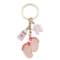 Nouveaux accessoires de mode DIY en métal pour porte-clés et breloques de sac, pendentifs de porte-clés motif dessin animé avec motif bouteille de bébé et empreinte de pied, finition goutte d'huile bleu rose