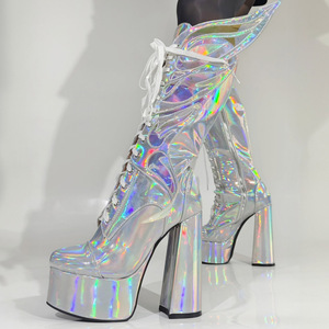 Big Size 47 Women's Silver Florescent Patent Knee High <b>Boots</b> Ladies High Chunky Heels Shoes Big Wings Long Booties - Product Image 2