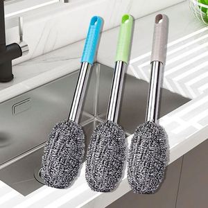 Home Kitchen Long Handle Steel Wool Pot <b>Brush</b> Rust Removal Scratch-Free Dish <b>Brush</b> for Pot Pan Bottle Jar Cleaning - Product Image 1