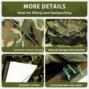 <span class=keywords><strong>Tente</strong></span> <span class=keywords><strong>tunnel</strong></span> camouflage 1 personne, imperméable PU8000mm, pour randonnée et backpacking, avec moustiquaire, poteaux en aluminium, portable - Product Image 6