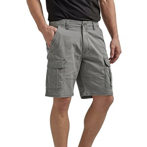 Shorts cargo gris pour homme de haute qualité, taille mi-haute, couleur unie, en toile respirante, style décontracté Bermuda, avec braguette boutonnée et poches - Product Image 1