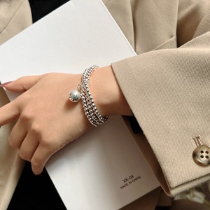 Bracelet élastique en argent sterling S925 à plusieurs rangs de perles rondes pour femme, bijoux à porter au quotidien - Product Image 2