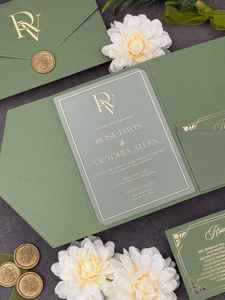 Suite d'invitation de <span class=keywords><strong>mariage</strong></span> de luxe vert Pocketfold avec feuille d'or acrylique transparent <span class=keywords><strong>et</strong></span> annonce élégante de carte Rsvp - Product Image 2
