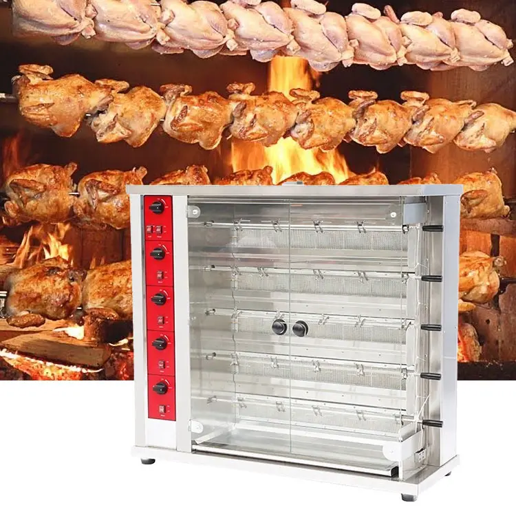 Kualitas Besi Tahan Karat Gas Vertikal Ayam Rotisseries Oven dengan 6 Lapis Rotissere untuk Ayam