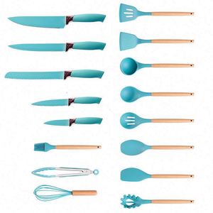 19 Pcs Silicone <b>Kitchen</b> Utensil Set With Wooden Handle Cooking <b>Tools</b> Knife Cuttings Board Storage Bucket <b>Kitchen</b> <b>Gadgets</b> Set - Product Image 5