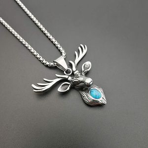 yunnique <b>Titanium</b> Steel Elk Head Pendant Necklace With Turquoise Inlay Silver <b>Chain</b> 3mm 61cm Gift Jewelry Animal Design - Product Image 1