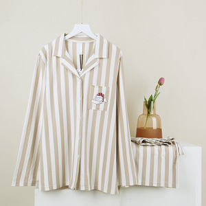 PJ-1464 Women's Striped Long Sleeve Pajama <b>Set</b> <b>Linen</b> Stripes Soft Woven Casual Sleepwear - Product Image 2