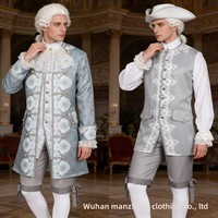 Costume de Prince de Cour Baroque Rococo pour Homme, Bleu Poussiéreux, Jacquard Floral, Brocart, Col à Volants en Dentelle, Pantalon, Tenue de Nobiles pour Cosplay