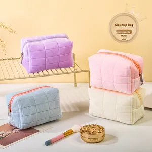 High-End Simple Plush <strong>Fluffy</strong> Makeup <strong>Bag</strong> Zipper Closure Large Capacity Convenient High-Value Plaid Toiletry Storage Cosmetic <strong>Bag</strong> - Product Image 1