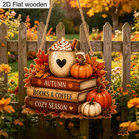 Thème d'automne, livres et café, citrouilles, symboles de feuilles d'érable, panneaux décoratifs en bois, saison chaleureuse, décorations de porche
