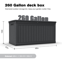 Boîte de rangement extérieure XXL en résine imperméable, verrouillable, noire, grande capacité (260 gallons), pour meubles de patio