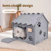 Lit pour chat en feutre en forme de maison, durable, pliable, chaud, motif empreintes de pattes, universel quatre saisons