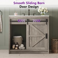 Meuble-lavabo de salle de bain style ferme avec porte coulissante, lavabo intégré et 3 tiroirs, gris bois flotté