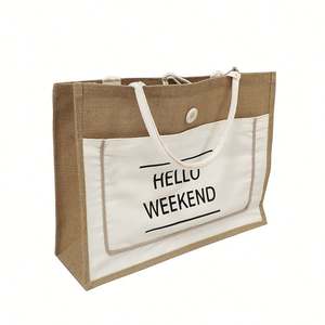 Sac fourre-tout en jute de haute qualité, écologique, avec logo imprimé, blanc naturel, poche épaisse, grand sac en toile de jute pour le week-end, vente en gros en ligne - Product Image 2