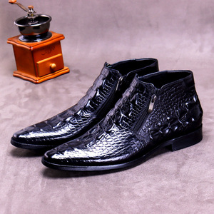 Custom Men's High-Top Leather <b>Shoes</b> with Alligator Pattern Zipper, Warm Martin Boots, Genuine Leather Ankle Boots - Product Image 6