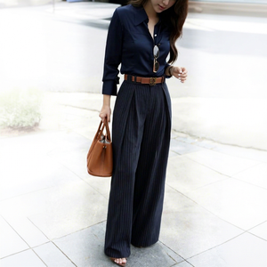 Q9047 <b>Women</b> Double Belted Pleated Striped Pants High Waisted Office <b>Trousers</b> Ready to Ship - Product Image 1