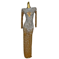 Luxe manches longues évider strass voir à travers moulante fête longue robe femmes scène porter grande taille robe de soirée de bal