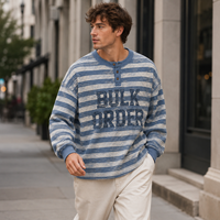 Sweat-shirt personnalisé avec logo pour homme, coupe oversize, en coton gaufré rayé, délavé à l'acide, effet vieilli, avec patte de boutonnage et imprimé lettres
