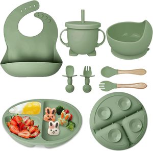 Hot Selling 6-Piece Silicone Baby Feeding Set Dining Plate Bowl Cup Spoon Fork <b>Bib</b>-Eco-Friendly BPA Free Print Pattern Handle - Product Image 1