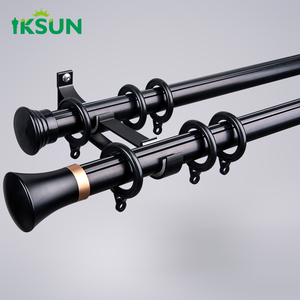 IKSUN Double Curtain Rod Set with Finials & Rings, Modern Black Metal Curtain Pole, Wall <b>Mount</b> for Living Room Bedroom - Product Image 5