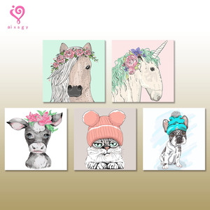 Kit de peinture par numéros personnalisé en gros, motifs animaux mignons habillés (Licorne, Cheval, Chaton, Chiot, Vache), portrait numérique DIY à l'huile - Product Image 1