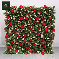 Dinding Bunga Natal Artifisial Mewah dengan Latar Belakang Bunga Mawar Merah dan Poinsettia untuk Dekorasi Stan Pesta Natal