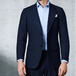 <span class=keywords><strong>Traje</strong></span> de <span class=keywords><strong>Hombre</strong></span> <span class=keywords><strong>Azul</strong></span> <span class=keywords><strong>Marino</strong></span>, Mezcla de Lana y Poliéster, Económico, Personalizado con Rayas de Tiza, Servicio OEM, Hecho a Medida - Product Image 1