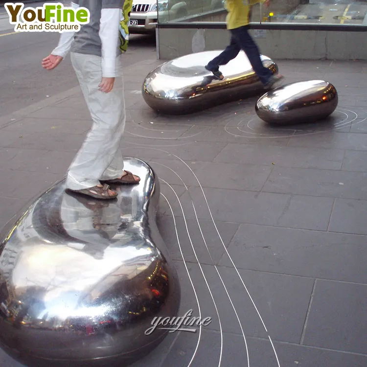 Outdoor City Street Mirror Polished Stainless Steel Stone Bench Sculpture Statue