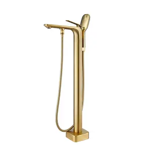 Brushed Gold Brass Mounted Free Standing Bath Shower Mixer Floor Stand Tub Filler Shower Mixer Bathtub Faucet