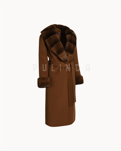 <strong>Full</strong> <strong>Length</strong> Cashmere-wool Blend Coat with Rex Rabbit Fur Collar and Cuffs Dyed Chinchilla Color Brown Cashmere <strong>Cardigan</strong> Women's - Product Image 6