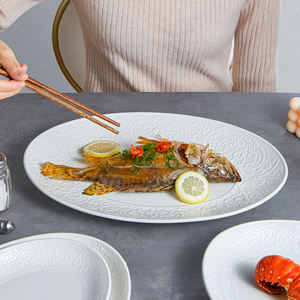 Juego de Platos de Porcelana Blanca Ecológica para Restaurante y Bodas, Plato Ovalado de Cerámica con Diseño en Relieve, Plato Elíptico para Pescado - Product Image 5