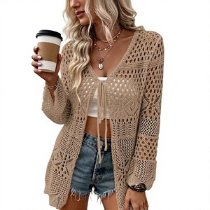 Cárdigan de punto calado para mujer, manga larga acampanada, con lazo frontal, estilo abierto, para playa, venta al por mayor - Product Image 1