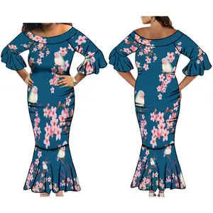 2024 New Style Fashionable Big Crew Neck Elegant Floral Printing Plus Size Women's Dresses Custom Long Fishtail Dress Ladies