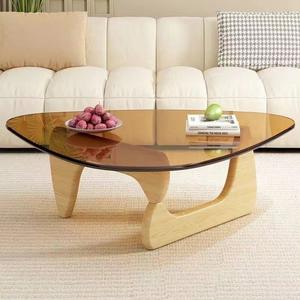 Mesa de centro moderna nórdica con tapa de cristal y patas de madera Muebles prácticos para sala de estar - Product Image 3