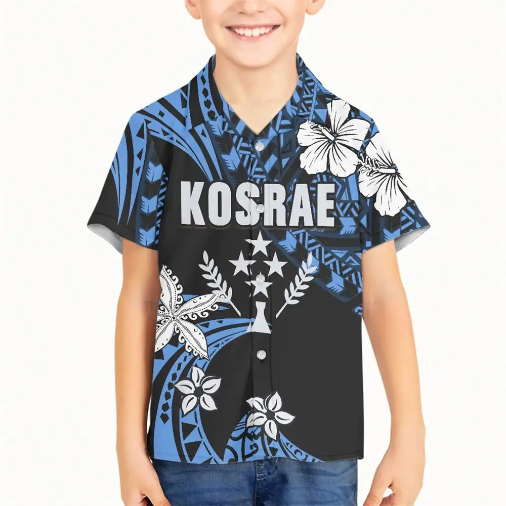 Polynesian Tribal Clothing Kosrae ISLAND Blue Hibiscus Flower Print Customization Button Up Shirts Kids Polyester T Shirts