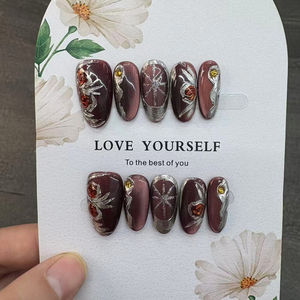 <span class=keywords><strong>Uñas</strong></span> Postizas Hechas a Mano <span class=keywords><strong>Color</strong></span> Café <span class=keywords><strong>con</strong></span> <span class=keywords><strong>Rosa</strong></span> Plateada Esculpida en 3D, Línea Metálica, Cortas y Cuadradas para Uso Diario en la Oficina - Product Image 2