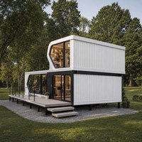 Cabine mobile en structure acier avec grandes fenêtres, terrasse sur le toit et espace de vie extérieur flexible