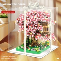 Kit Model Plastik DIY Rumah Bunga Sakura Desain Baru Tingkat Kesulitan Tinggi Set Blok Bangunan Rumah Pohon Pink yang Detail