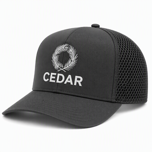 หมวกแก๊ปทรง Trucker <span class=keywords><strong>6</strong></span> แผง ผ้าทวิลล์ ปักอักษรนูน 3 มิติ พร้อมลาย Laurel แบบแบน <span class=keywords><strong>ส</strong></span>ี Charcoal ตาข่าย Spacer ปรับขนาดได้ ขายส่ง - Product Image 1