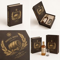 Boîte à whisky personnalisée en forme de livre, boîte rigide de style livre pour whisky single malt avec bouteille de whisky et verre, finition dorée à chaud