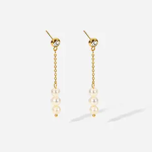 LANDY Stainless Steel 14k Gold Plated Drop Earring Long Chain Pearl Pendant Women's Earrings