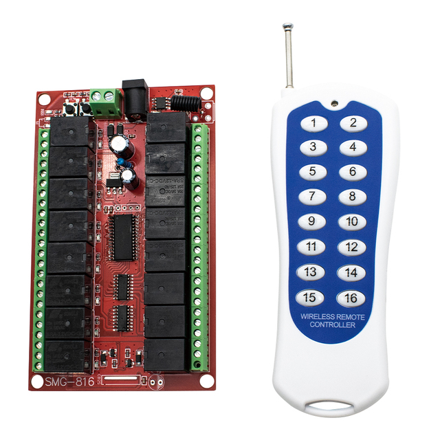 SMG-816 12v Long Range 16CH Radio Controller Receiver Wireless Remote Switching System RF 433 Mhz Transmitter DC12V 24V