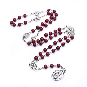 Collier chapelet en perles de bois, longue chaîne, argent tibétain, bijoux religieux unisexe, couleur bordeaux et pin noir - Product Image 3