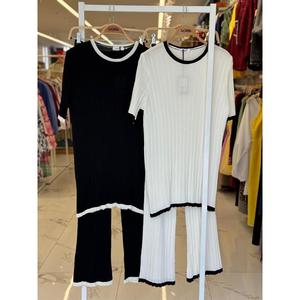 Ensemble deux pièces tricoté Dex : T-shirt et pantalon pour femme, décontracté, respirant, toutes saisons, ECRU - Product Image 2