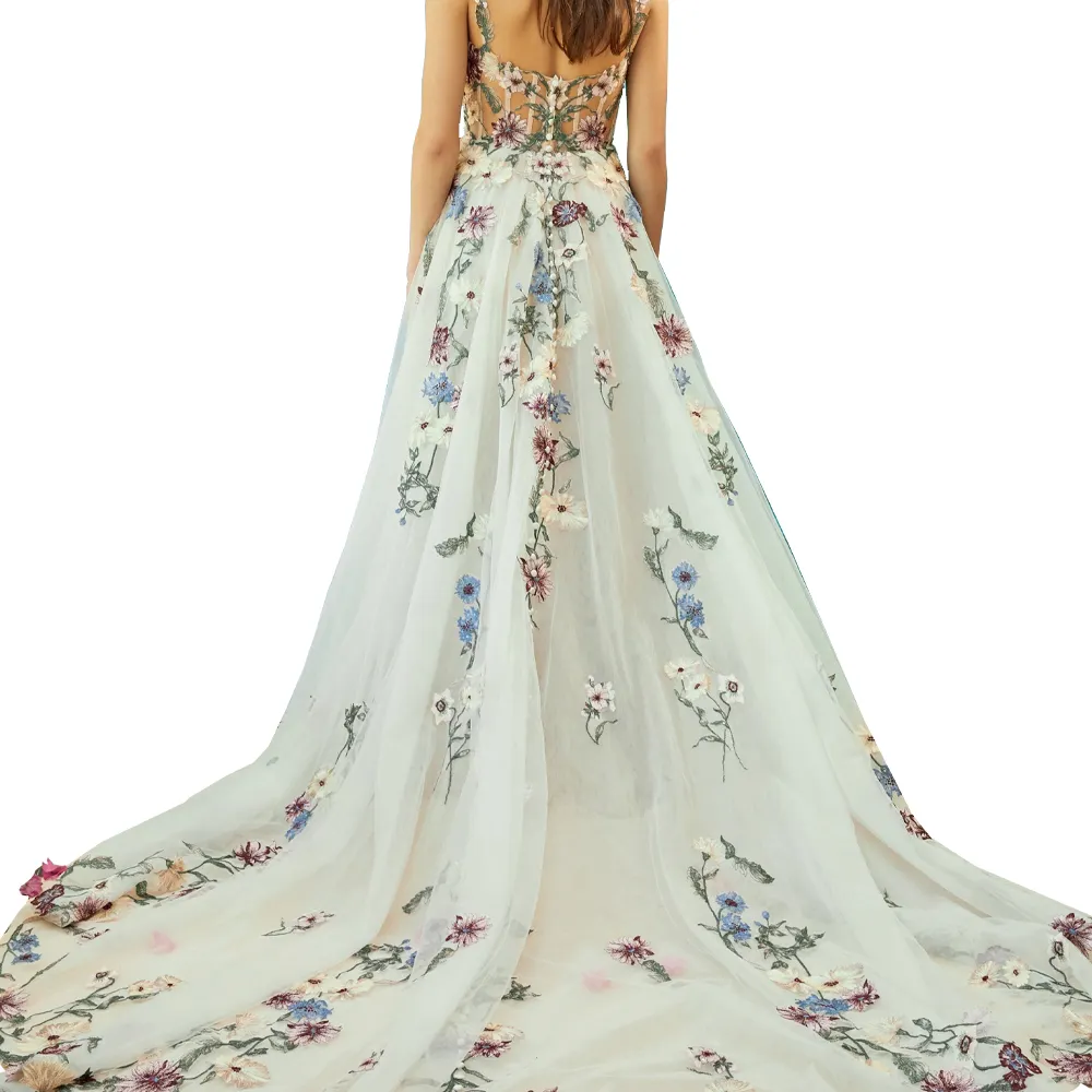 Wunderschöne Bridgerton-inspirierte Illusion Körpergarten Brautkleid Boho Schatz flirtfähige Riemen besticktes Blumen-Hochzeitskleid