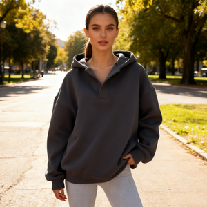 TKAN389 vente en gros polaire lourde sweat à capuche ample mode blanc solide gris à capuche col en v entraînement femmes sweat avec capuche - Product Image 2