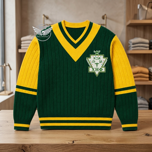 เสื้อคาร์ดิแกนไหมพรมถักลายเคเบิ้ล คอวี สีเขียวเหลือง ปักลายสไตล์ Preppy สำหรับสตรี แบรนด์ Chi Eta Phi Sorority เหมาะสำหรับใส่ในฤดูหนาว - Product Image 3