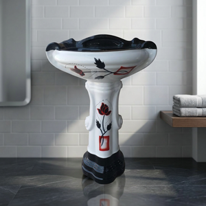Big Sterling Brown <b>Rustic</b> Ceramic Pedestal Wash Basin Set Round Porcelain Designer <b>Bathroom</b> Sink - Product Image 5