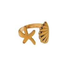 Geschnitztes, vergoldetes Edelstahl-Offener-Ring-Set, Seestern-verstellbarer, gemischter, stapelbarer Fingerschmuck